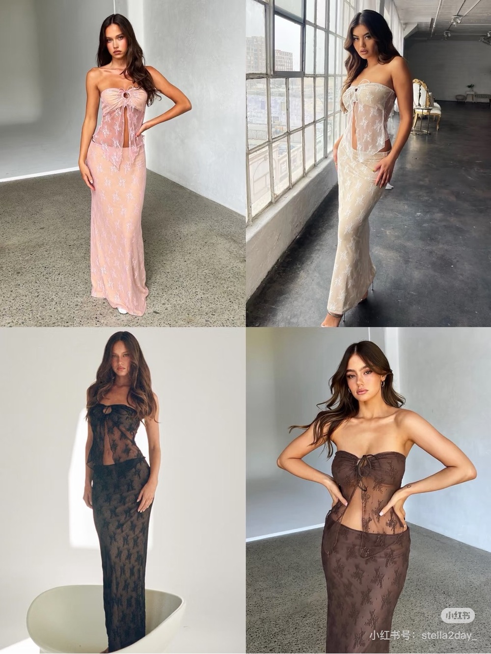 Tiger Mist Strapless Lace Maxi Dress in Pink, Cream & Brown